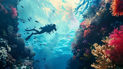 Wall Mural - A daring diver plunging into the depths of an azure ocean, surrounded by colorful coral reefs and exotic marine life.