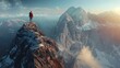 A lone explorer scaling a rugged mountain peak, with breathtaking vistas stretching out below.
