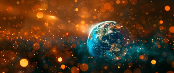 Wall Mural - world globe with bokeh effect and dark background. view on planet earth from space.