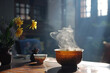 The subtle steam rising from a cup of freshly brewed bitter gourd tea, creating an inviting atmosphere.