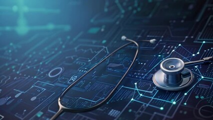 Aufkleber - A stethoscope is positioned on top of a computer chip, representing the intersection of digital technology and healthcare.