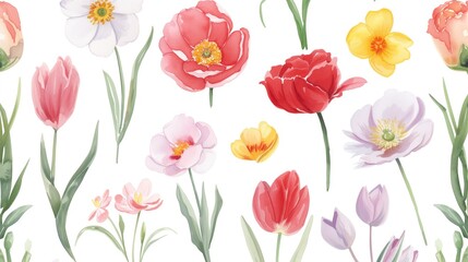 Wall Mural - Watercolor illustration of tulips and daffodils on white background