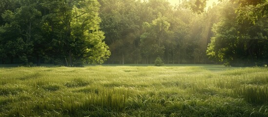 Canvas Print - Field of grass and forest in the evening sunlight.