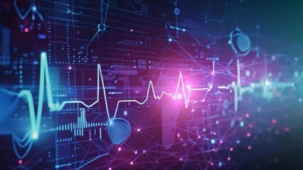 Aufkleber - A graph of heartbeat and molecular structures overlays a digital network symbolizing modern healthcare analytics.