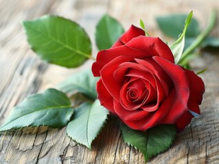 Wall Mural - Beautiful Red Rose with Dew Drops on Petals Resting on a Rustic Wooden Surface Surrounded by Green Leaves