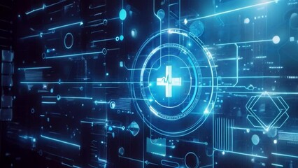 Poster - A digital medical background with a computer screen displaying a cross symbol prominently.