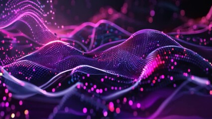 Fototapete - A dynamic array of glowing digital waves flows across a purple neon abstract landscape.