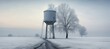 Water tower standing in snowy field