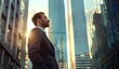 © Adriana - Confident  wealthy rich successful business man standing in big city modern skyscrapers street on sunset thinking of successful future vision, dreaming of new investment opportunities