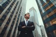 © Adriana - Confident  wealthy rich successful business man standing in big city modern skyscrapers street on sunset thinking of successful future vision, dreaming of new investment opportunities