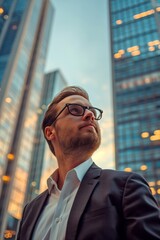 Wall Mural - Confident  wealthy rich successful business man standing in big city modern skyscrapers street on sunset thinking of successful future vision, dreaming of new investment opportunities