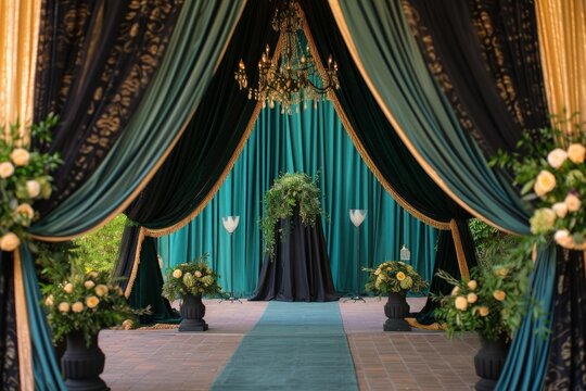 Luxury wedding stage decoration. stage decoration for wedding. wedding ceremonies decoration. wedding hall decoration. elegant wedding stage with flowers.