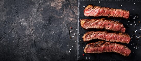 Wall Mural - Top-down view of sliced grilled striploin steak seasoned with salt and pepper on a stone tabletop, featuring empty space for text.