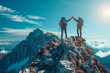 Two people are standing on a mountain, one of them is giving a high five to the other. The scene is peaceful and serene, with the mountains in the background and the sun shining brightly
