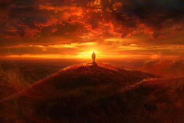 A man stands on a hill at sunset