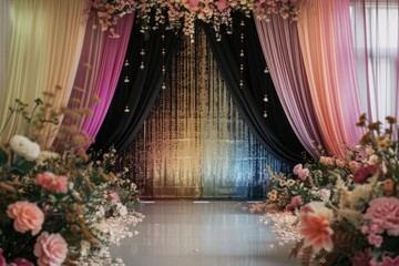 wedding ceremonies decoration. wedding hall decoration. elegant wedding stage with flowers. wedding stage decoration. stage decoration for wedding.