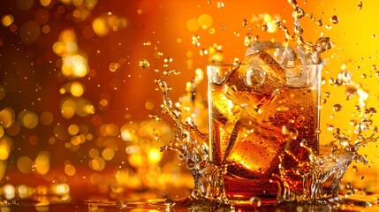 Canvas Print - Dynamic Splash in Whiskey Glass Against Warm Backdrop. Close-up of Refreshing Beverage. Perfect for Bar and Drink Related Content. AI