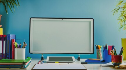 Modern Educational Workspace Mockup with Interactive Whiteboard and School Supplies in Brightly Lit Room