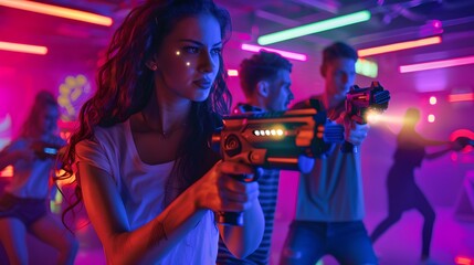 Wall Mural - Young adults engaged in a thrilling laser tag game. Dynamic, energetic activity captured in vibrant lighting. Team building, fun and competition unite in this exciting leisure pursuit. AI