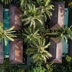 Leinwandbilder - Aerial Symmetry of Eco-Friendly Resort Cabanas Amidst Palm Trees at Dusk