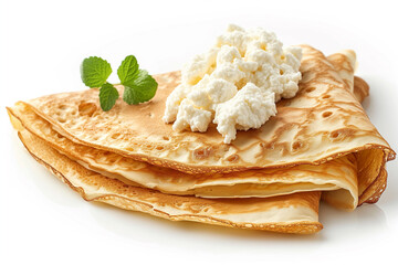 Wall Mural - Thin pancakes and cottage cheese on white background.