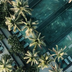 Aufkleber - Serene Eco-Friendly Resort Cabanas Amidst Palm Trees in Symmetrical Aerial View