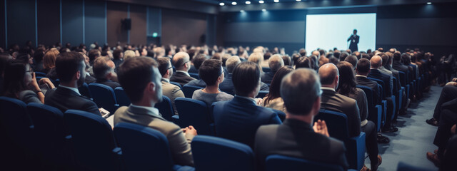 Rear view of crowd of business people sitting in conference hall at a seminar listening to a speech