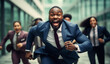 © rohappy - Running joyful black businessman with colleagues business people having race together in the office