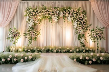 decoration for wedding. wedding ceremonies decoration. wedding hall decoration. elegant wedding stage with flowers. wedding stage decoration gold theme. Luxury wedding stage decoration.
