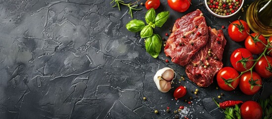 Banner with raw, fresh meat steak served alongside cherry tomatoes, spicy pepper, garlic, oil, and herbs on a dark stone and concrete background.