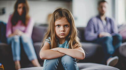 Serious sad girl with long hair, ten years old, in sharpness, parents in the background, out of focus. Parents sort things out among themselves.