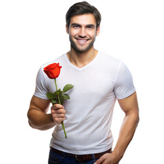 Smiling Young Man Holding a Red Rose Against a Transparent Background