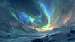 The Northern Lights swirling vibrantly over a snowy tundra, reflecting a spectrum of colors on the icy surface below