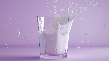 Wall Mural - An artistic representation of milk flowing from a carton, forming an abstract shape in mid-air before entering the glass, against a light violet background