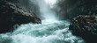 Torrential river rapids rushing through a narrow canyon, spray rising, showcasing the raw power of nature