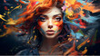 Image of a person with their face intentionally blurred for privacy. Their hair is transformed into an explosion of bright, abstract shapes in shades of blue, orange, yellow, and red.
