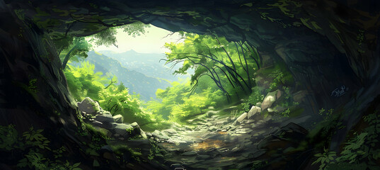 Wall Mural - View from inside a dark cave looking out towards a lush forest, the cavea??s rocky textures contrasted with vibrant green foliage under a bright sky