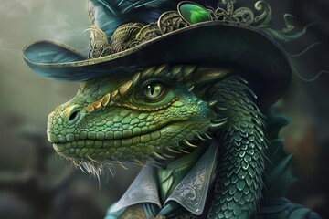 Wall Mural - green dragon in top hat fantasy creature portrait digital art