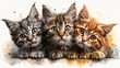 Three cute kittens of different colors, gray, brown, and orange, with big eyes and fluffy fur, are sitting in a row on a white background with watercolor stains.