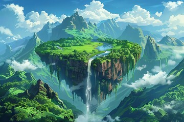 majestic fantasy island floating in the sky lush green landscape with mountain river and waterfall isometric triangle design generative ai illustration