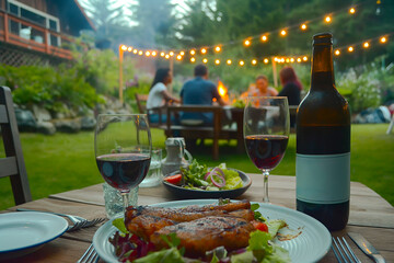 Wall Mural - Backyard dinner table have a tasty grilled BBQ meat, Salads and wine with happy joyful people on background