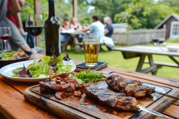 Wall Mural - Backyard dinner table have a tasty grilled BBQ meat, Salads and wine with happy joyful people on background