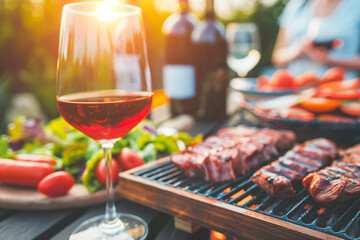 Wall Mural - Backyard dinner table have a tasty grilled BBQ meat, Salads and wine with happy joyful people on background