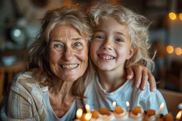 Upper body shot of a grandmother and her grandchild laughing while celebrating a birthday with family. AI generated.