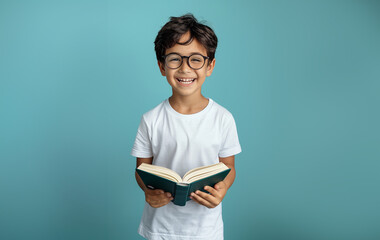 young boy reading a book, he is smiling to the camera wearing eyeglasses, white t-shirt on blue background 