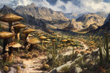 Desert Landscape With Giant Mushrooms Instead Of Cacti