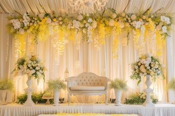 Wall Mural - Luxury wedding stage decoration. stage decoration for wedding. wedding ceremonies decoration. wedding hall decoration. elegant wedding stage with flowers. wedding stage decoration gold theme.
