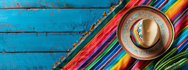 Cactuses, poncho and traditional mexican sombrero hat on bright colorful background. Cinco de Mayo. Viva Mexico. Traditional latin holiday, party, fiesta creative concept. Flat lay with copy space