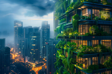 Canvas Print - Eco-futuristic cityscape full with greenery, parks and green spaces in urban area