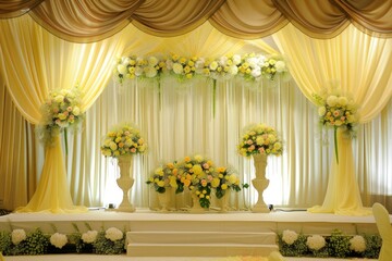 Wall Mural - Luxury wedding stage decoration. stage decoration for wedding. wedding ceremonies decoration. wedding hall decoration. elegant wedding stage with flowers. wedding stage decoration gold theme.